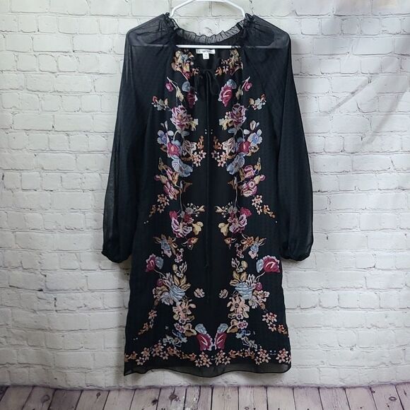 Sophie Max Black Floral Sheer Lined Mini Dress XS Long Sleeve Bohemian Western - Picture 2 of 12